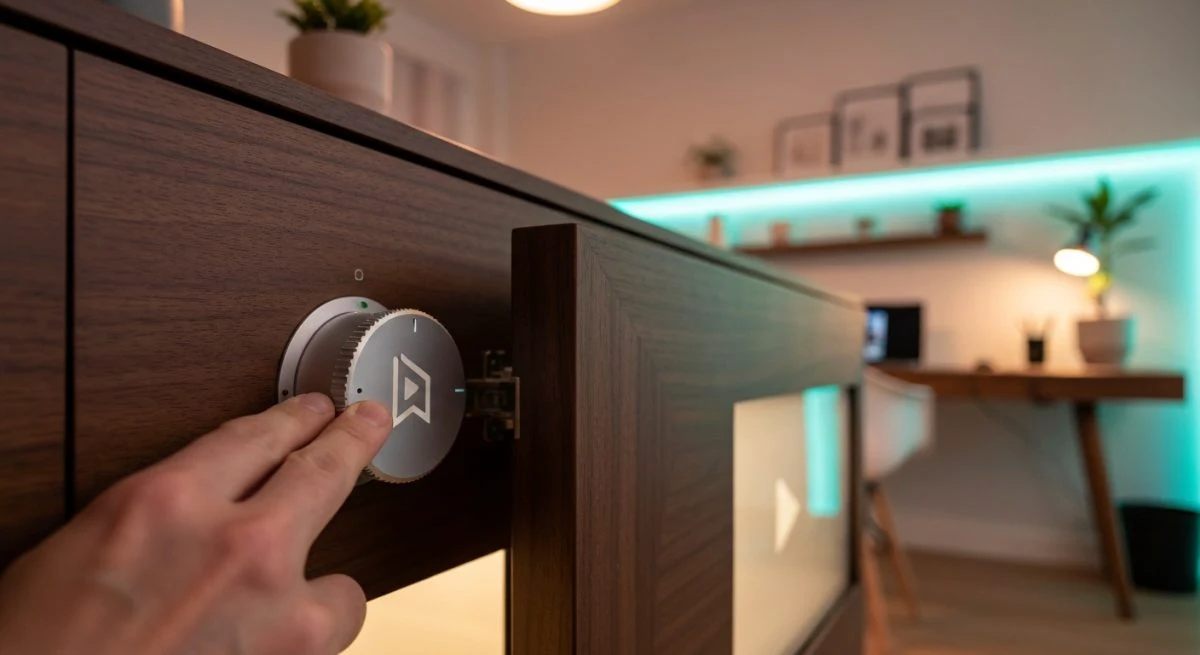 Mano gira perilla de privacidad en mueble nogal oscuro logo