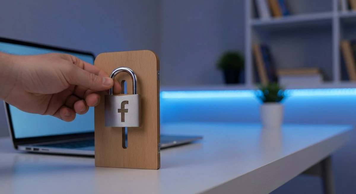 Mano girando candado metálico con logo de Facebook frente a portátil