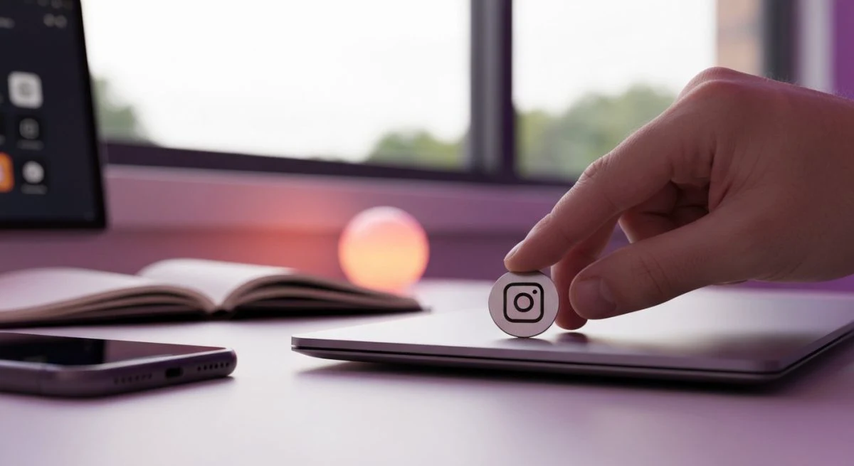 Mano levantando insignia circular con glifo de Instagram desde portátil