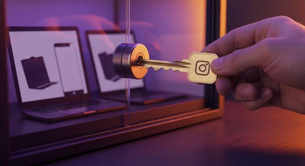 Mano sosteniendo llave de latón con logo Instagram abrir cerradura