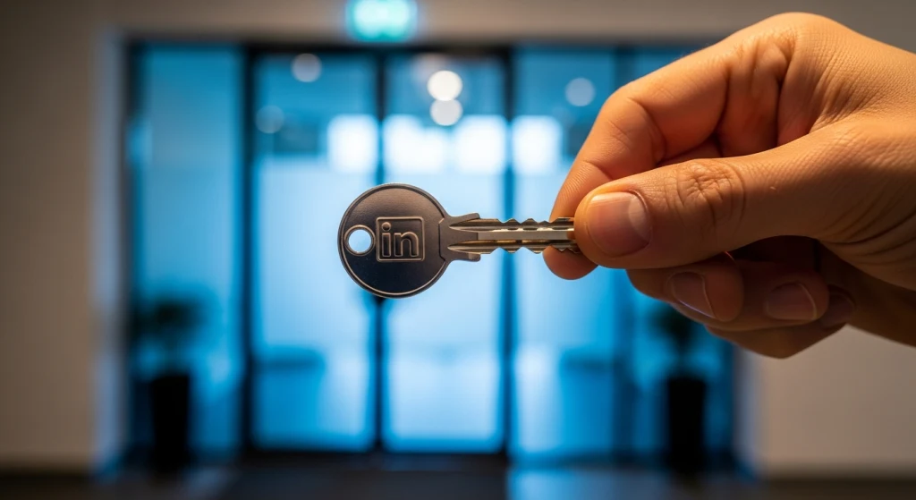 Mano sosteniendo llave pulida con grabado LinkedIn en coworking lobby