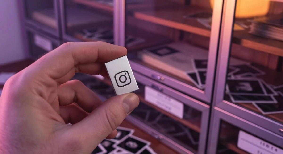 Mano sosteniendo USB metalico grabado logotipo de Instagram estudio vintage