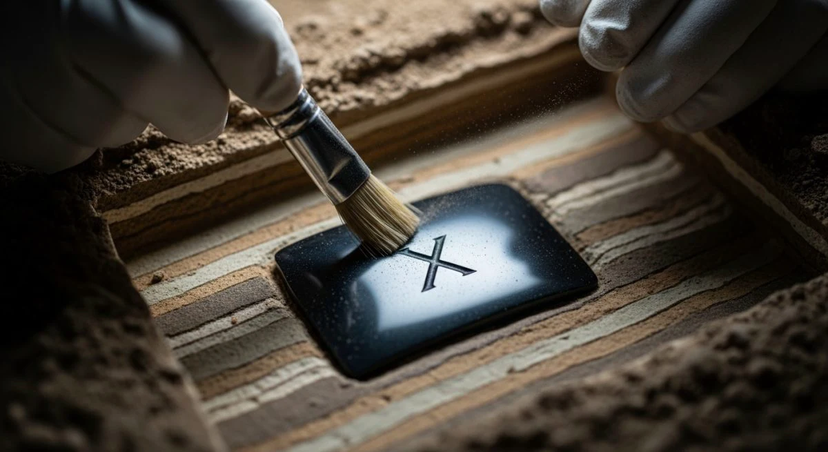 Manos arqueólogo descubriendo tableta obsidiana negra con logo X