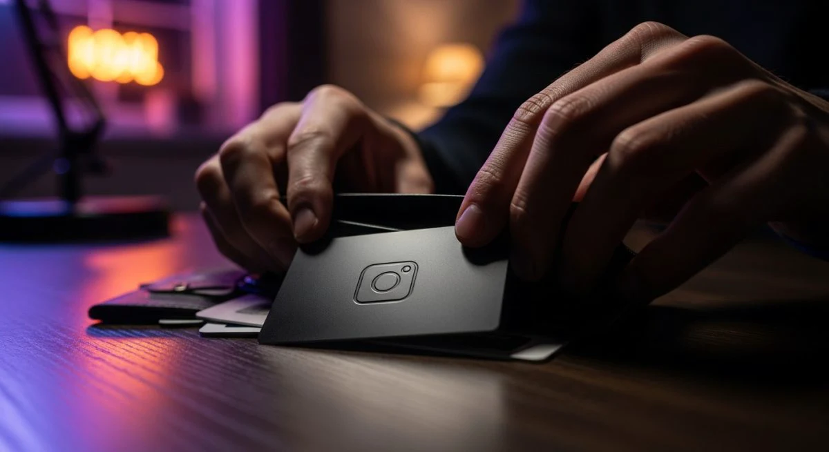 Manos clasificando objetos de una billetera con tarjeta Instagram