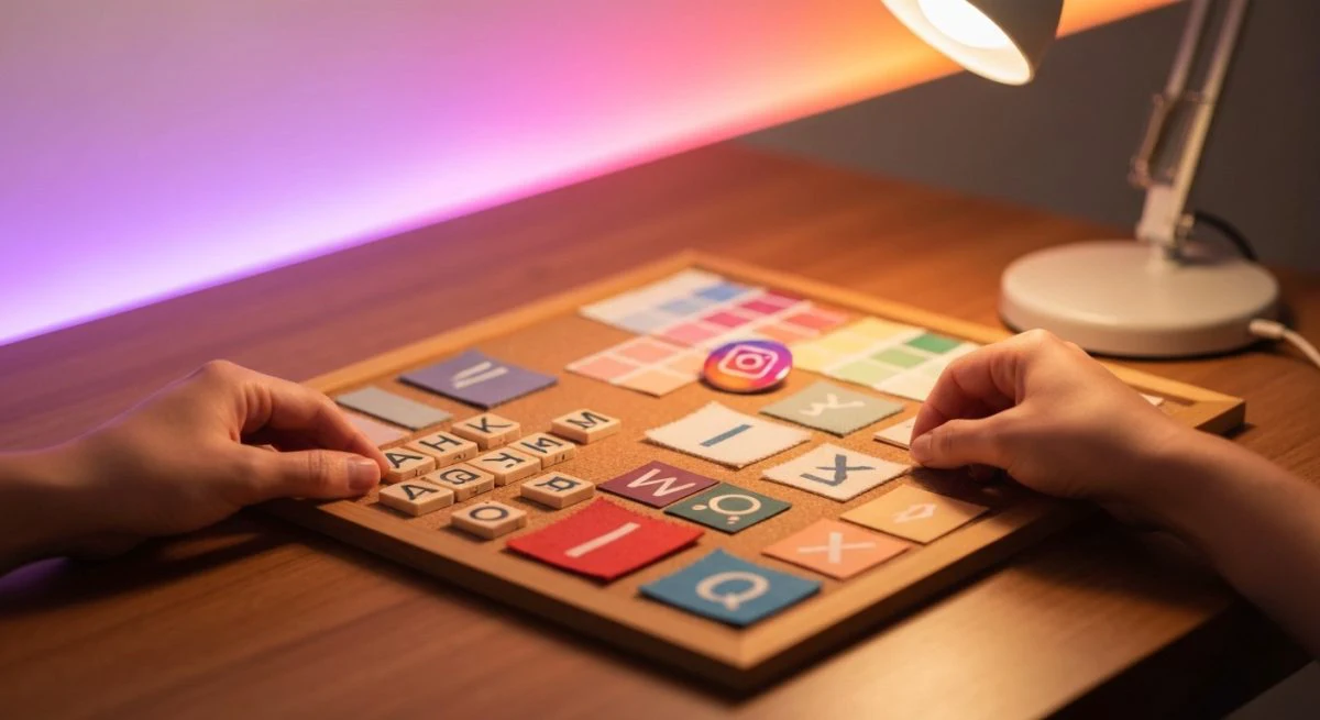 Manos colocando fichas decorativas sobre tablero de corcho con Instagram
