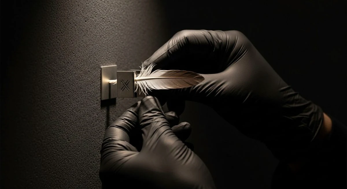 Manos con guantes negros colocando un pin metálico en corcho