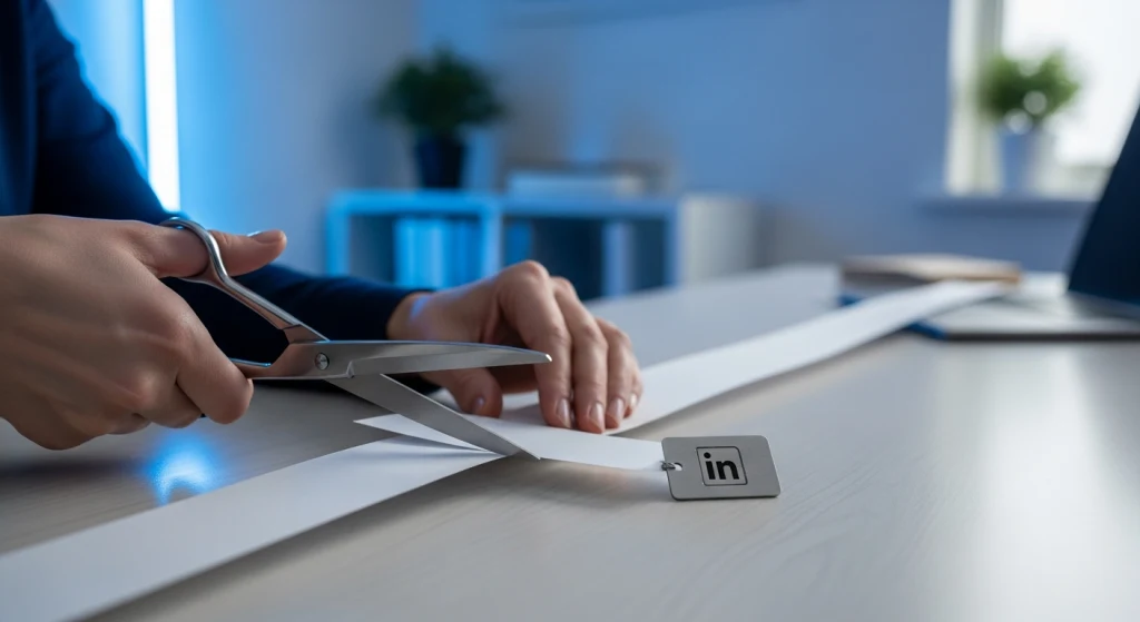 Manos con tijeras recortan tira de papel simbolizando acortar LinkedIn