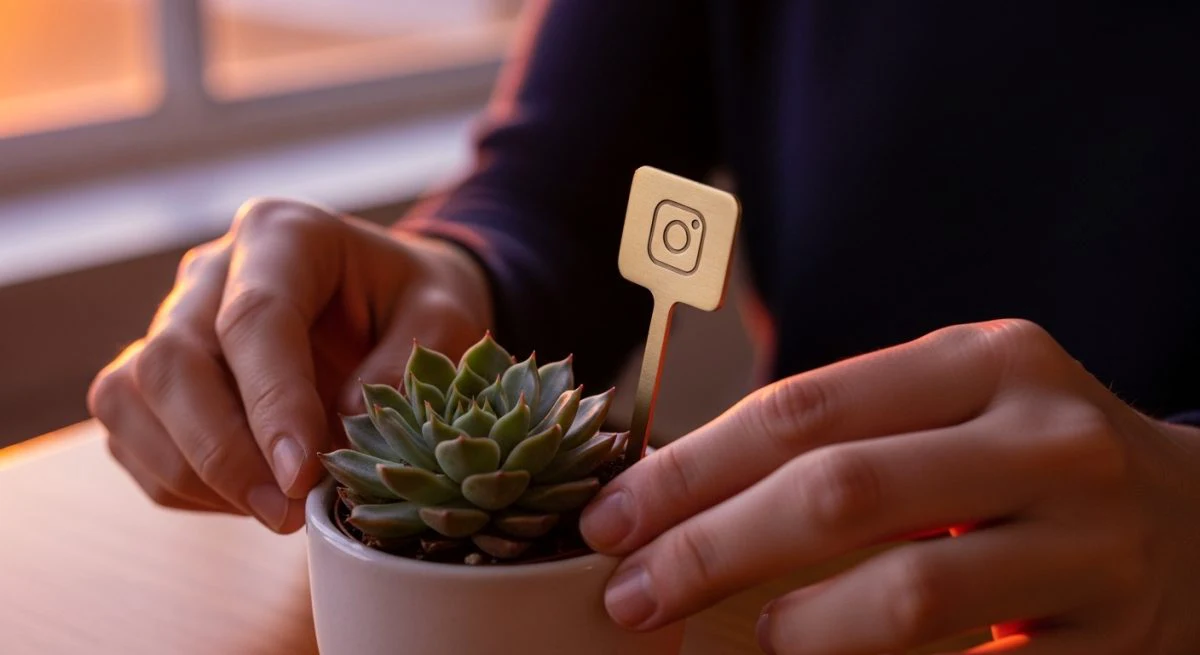 Manos cuidando suculenta con marcador de bronce con logo Instagram