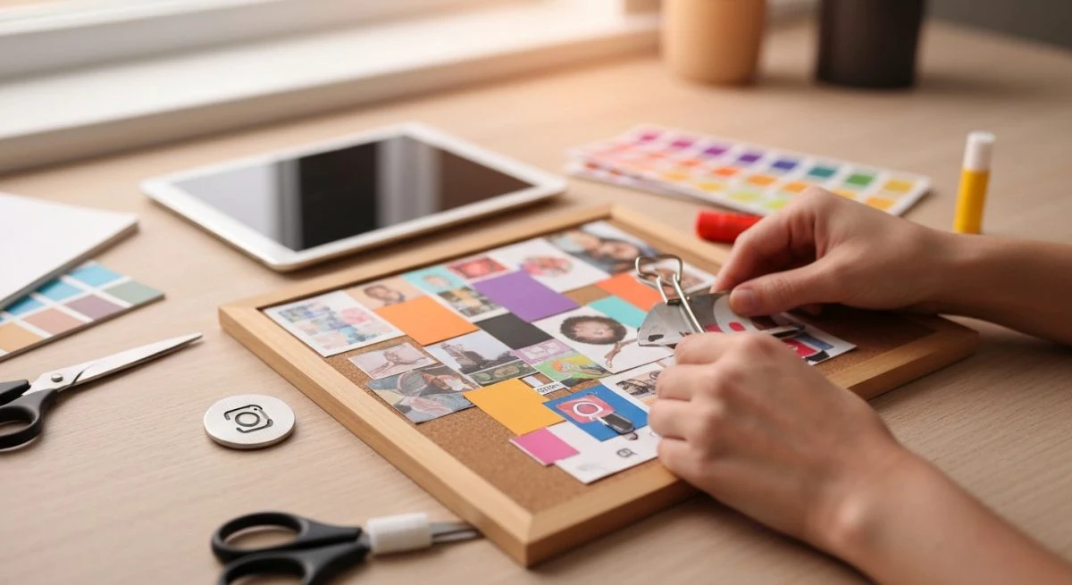 Manos de artista collage ensamblando tablero de Instagram en escritorio