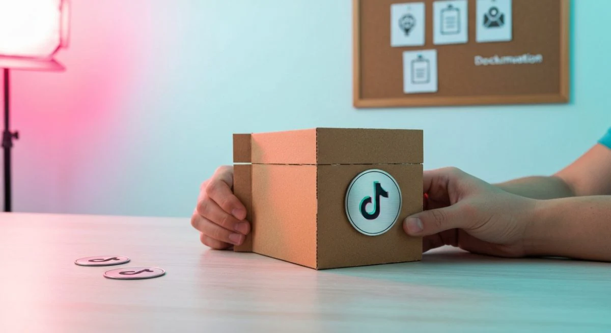 Manos de creador ensamblando TikTok Shop con logotipo circular minimalista