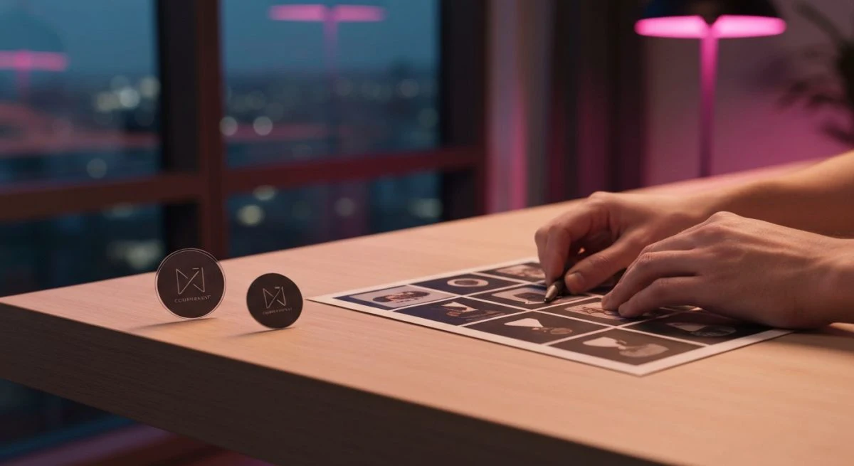 Manos de creador organizando storyboard 9 16 junto badge logo