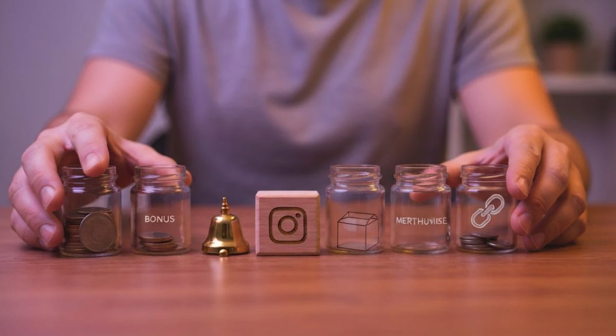 Manos de creador organizando tarros de ingresos Instagram con logo