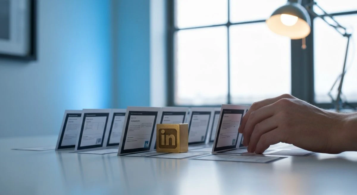 Manos de diseñador ordenan tarjetas de storyboard con logotipo LinkedIn