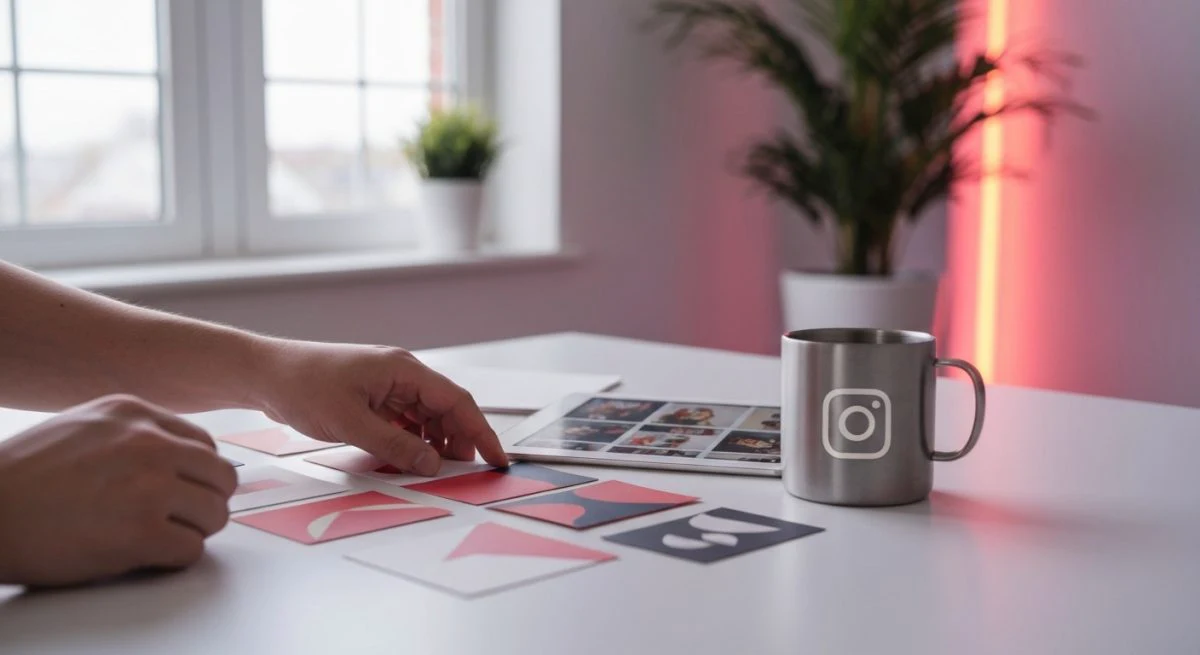 Manos de diseñador seleccionan plantillas de Instagram en moodboard