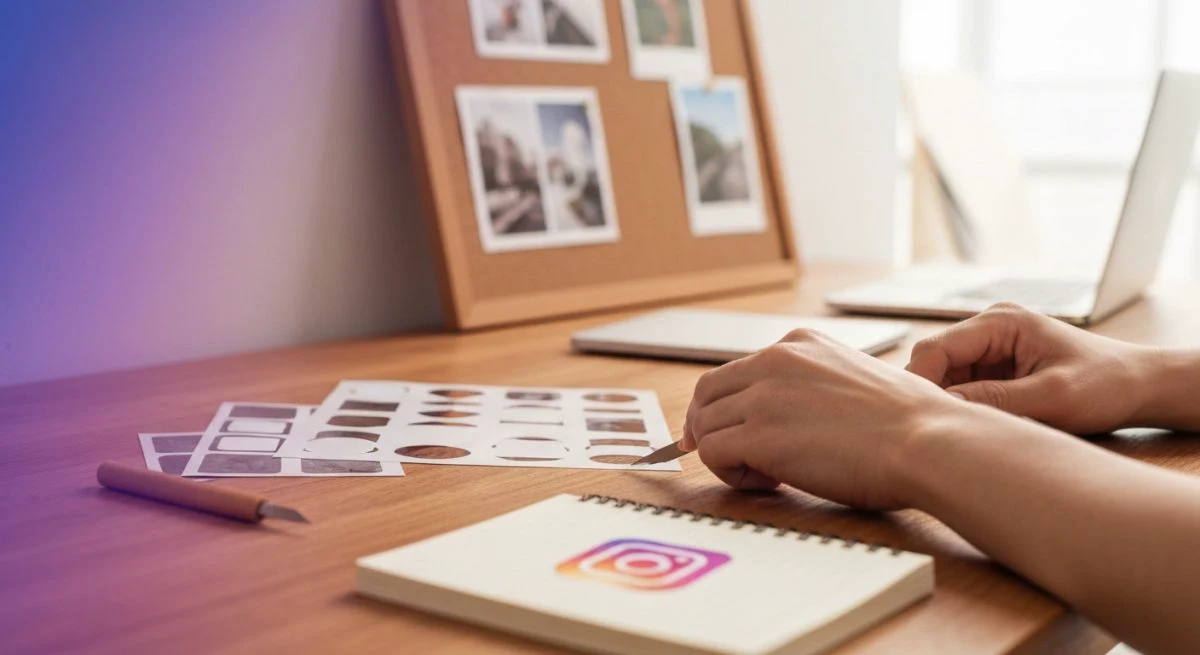 Manos de diseñador trabajando pegatinas Instagram sobre mesa de madera