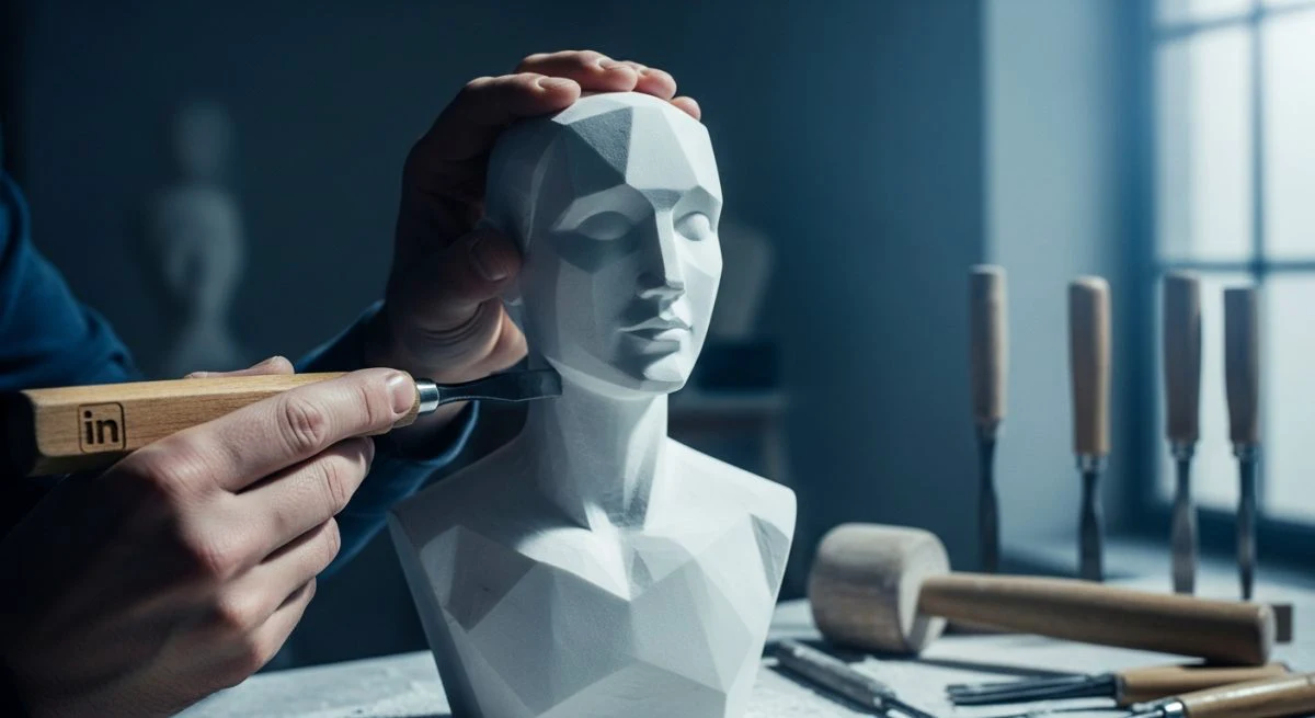 Manos de escultor usando un cincel en un busto de mármol