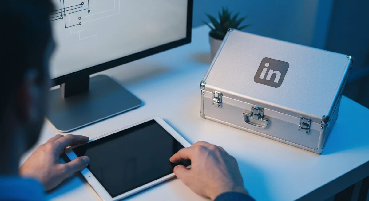 Manos de técnico reparando tablet en escritorio limpio con logo LinkedIn