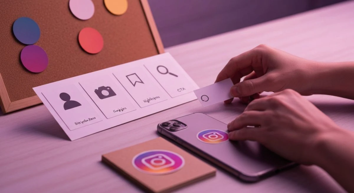 Manos diseñando tablero de Instagram con logotipo e iconos simples