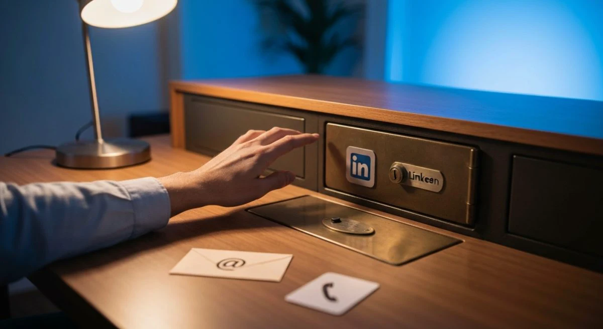 Manos frente a caja fuerte latón con logo LinkedIn visible