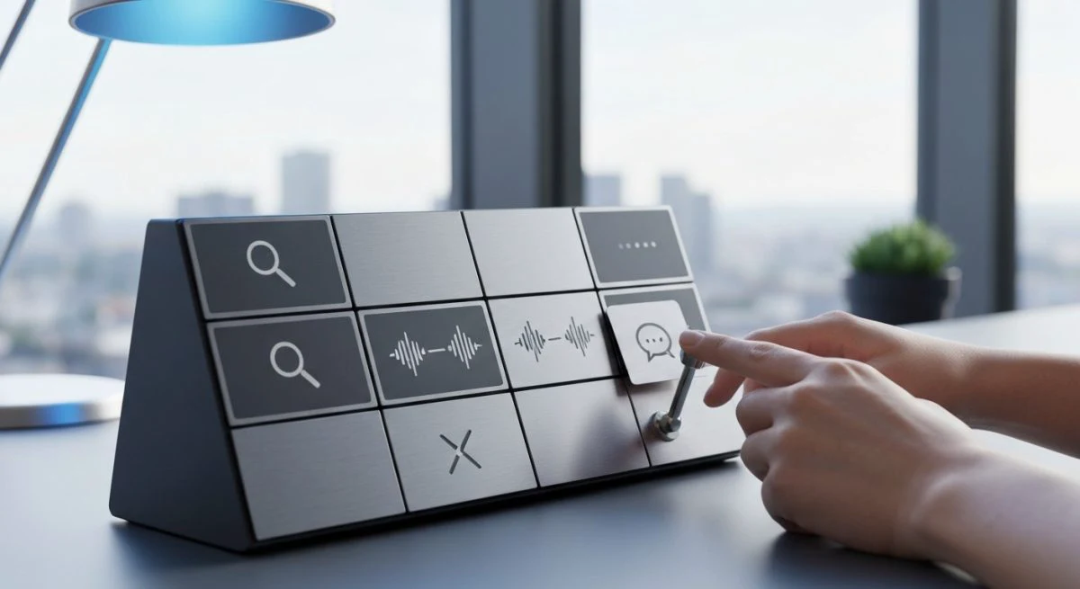 Manos manipulando panel táctil modular de X con logotipo grabado
