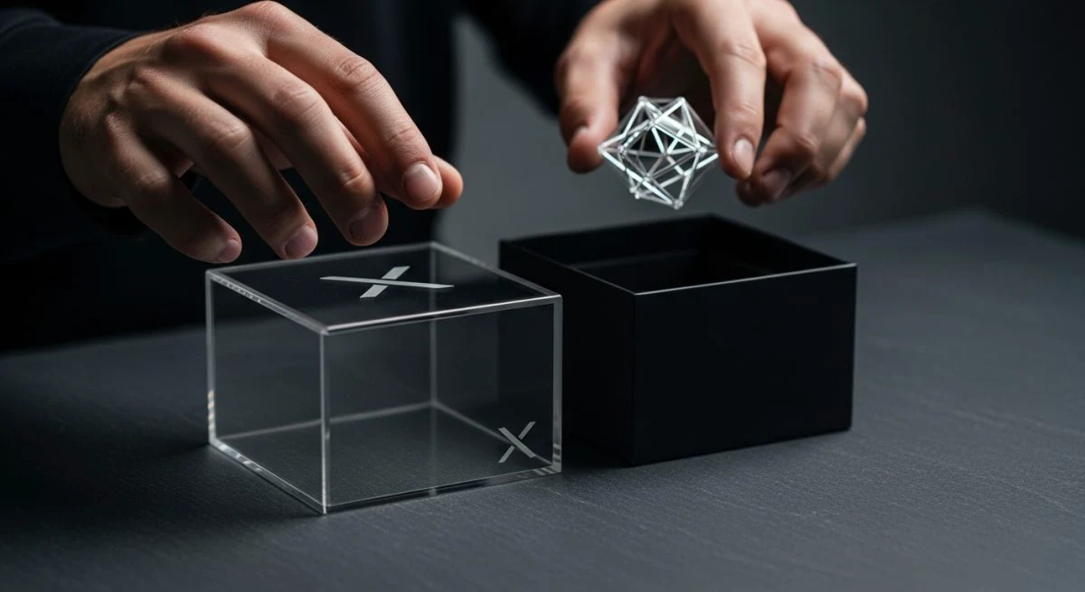 Manos sobre cajas modernas con logo X y objeto brillante