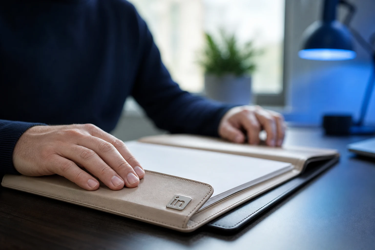 Manos sobre portafolio de cuero claro con placa LinkedIn grabada