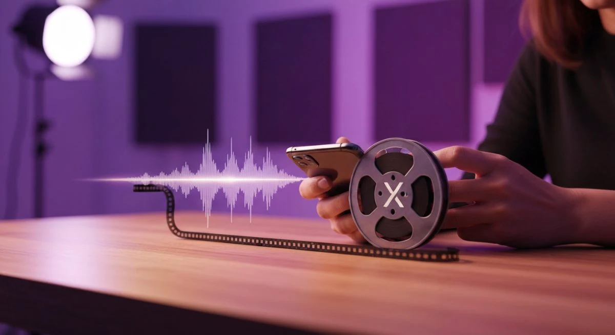 Manos sosteniendo smartphone sobre escritorio de madera con logo X