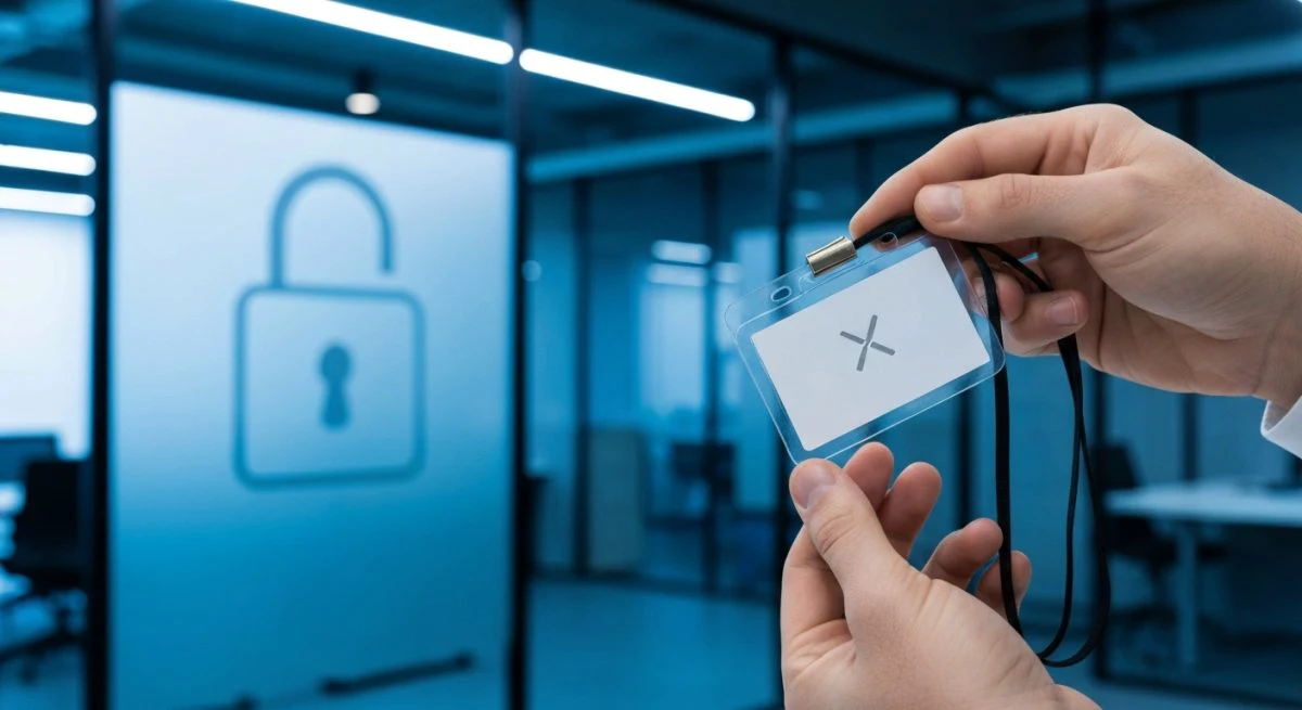 Manos sosteniendo tarjeta de identificación en cordón con logotipo X