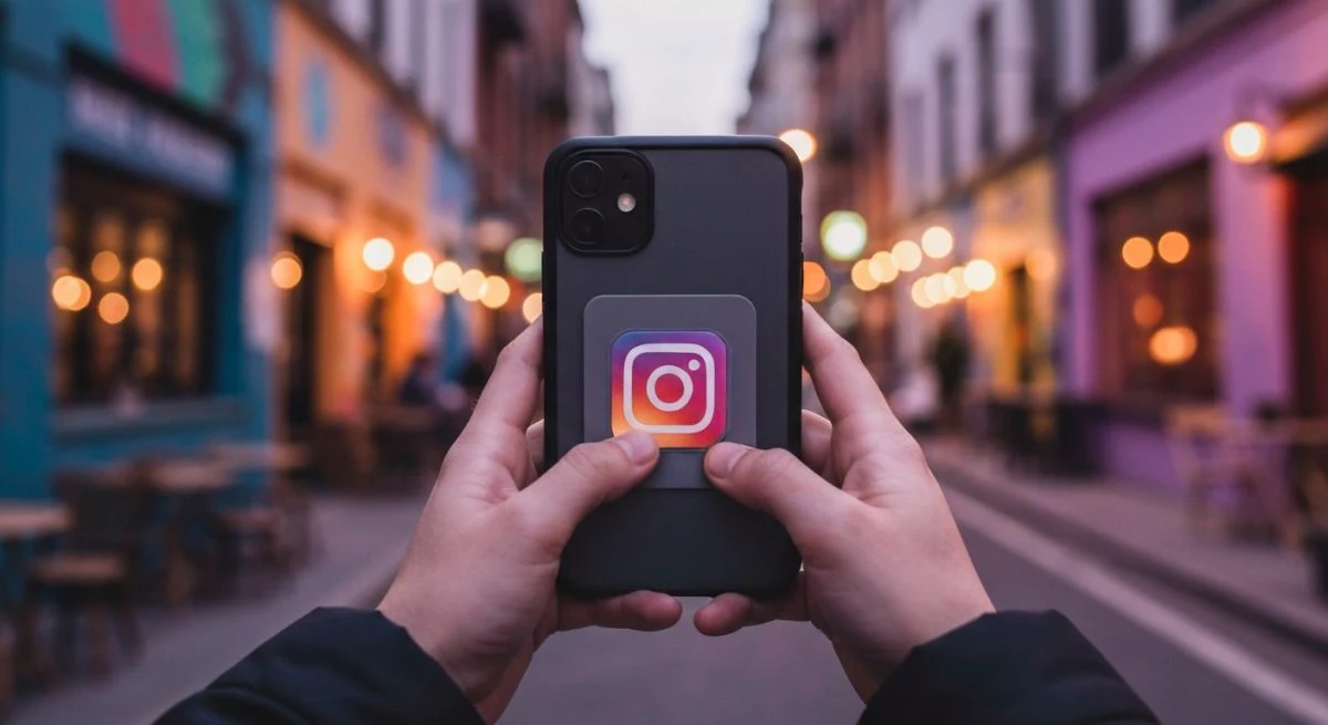 Manos sosteniendo un teléfono con pegatina Instagram en la esquina