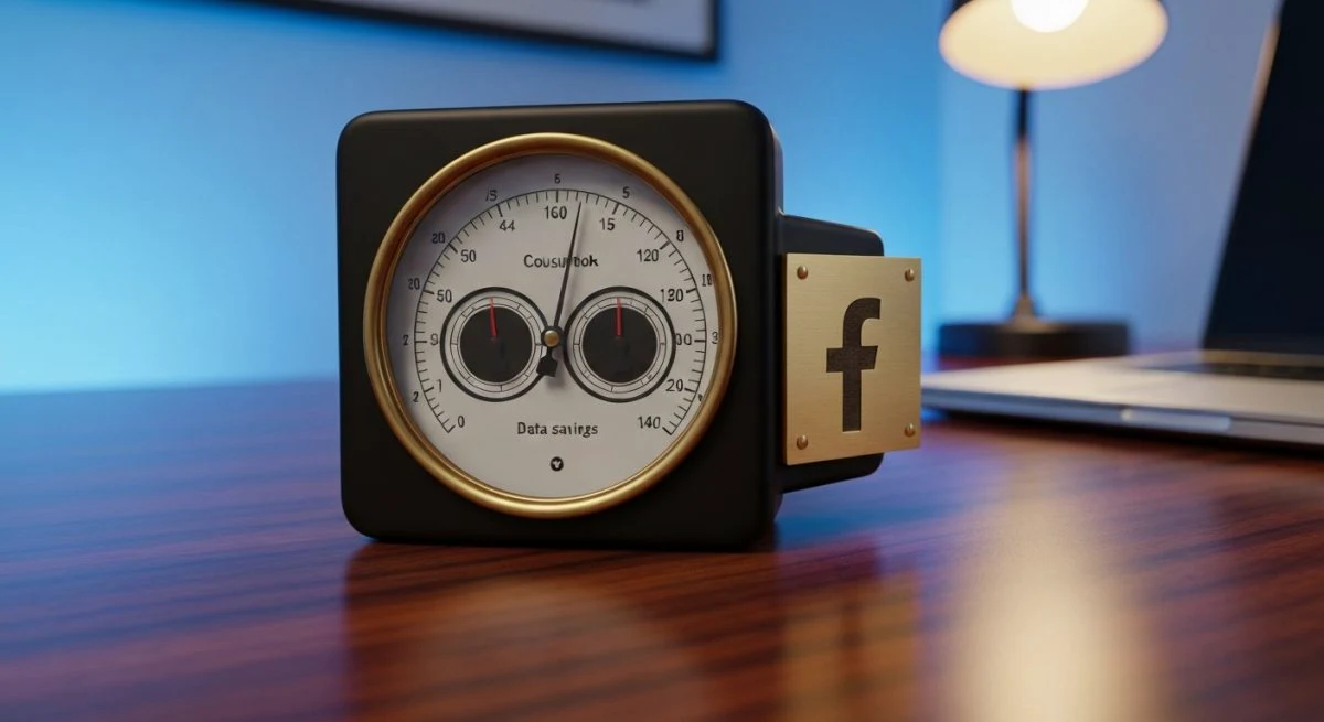 Medidor analógico vintage de consumo de datos con logo Facebook
