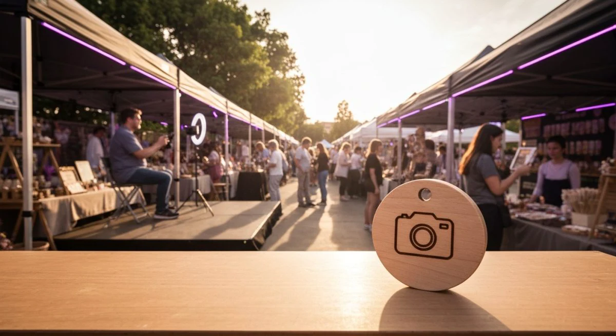 Mercado al aire libre con escenario para creadores y logo