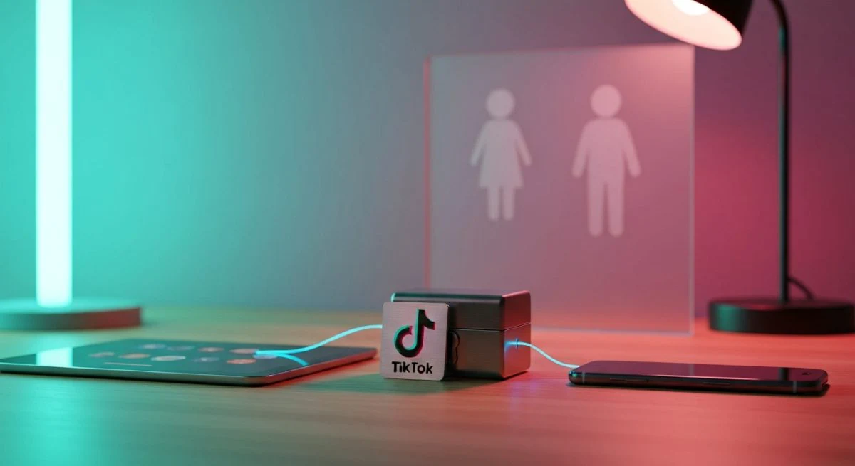 Mesa con dispositivos y candado TikTok logo seguridad familiar digital