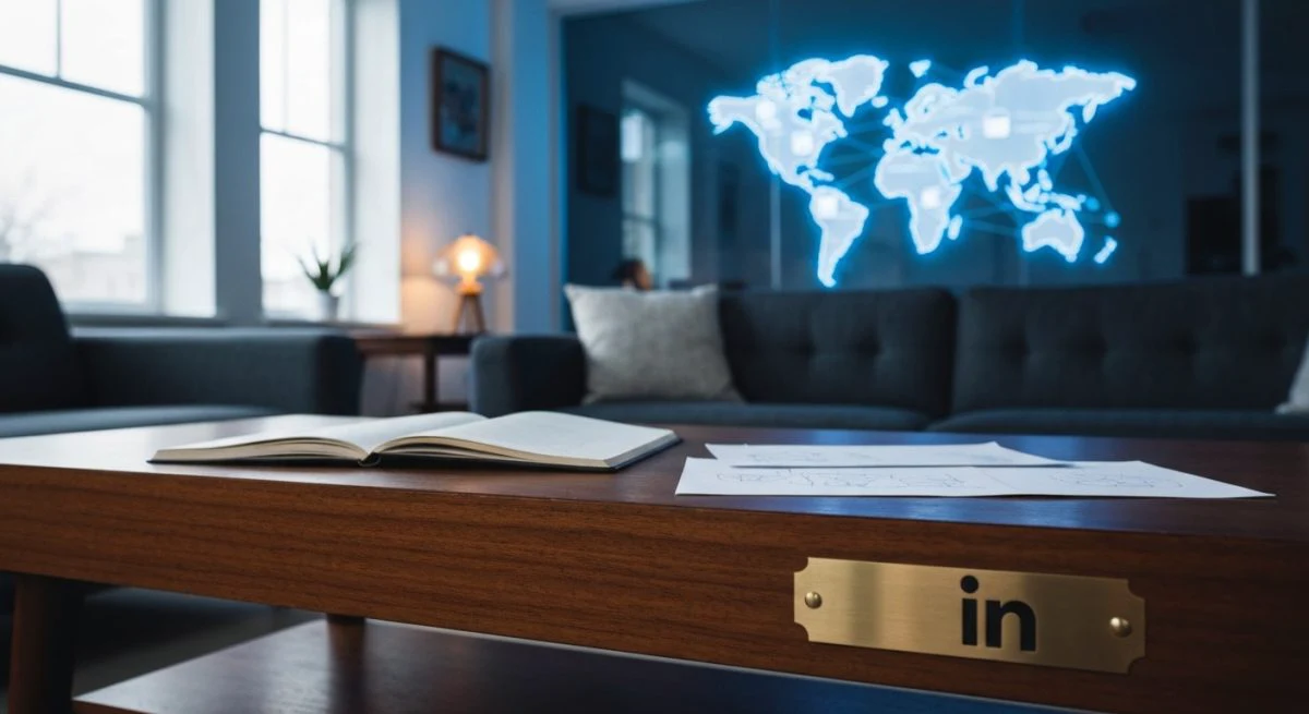 Mesa de centro vintage con cuaderno y placa logo LinkedIn