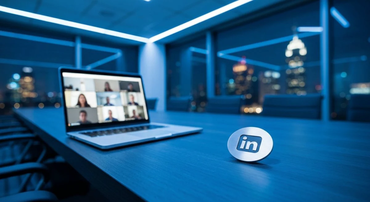Mesa de conferencias corporativa con placa circular de logo LinkedIn