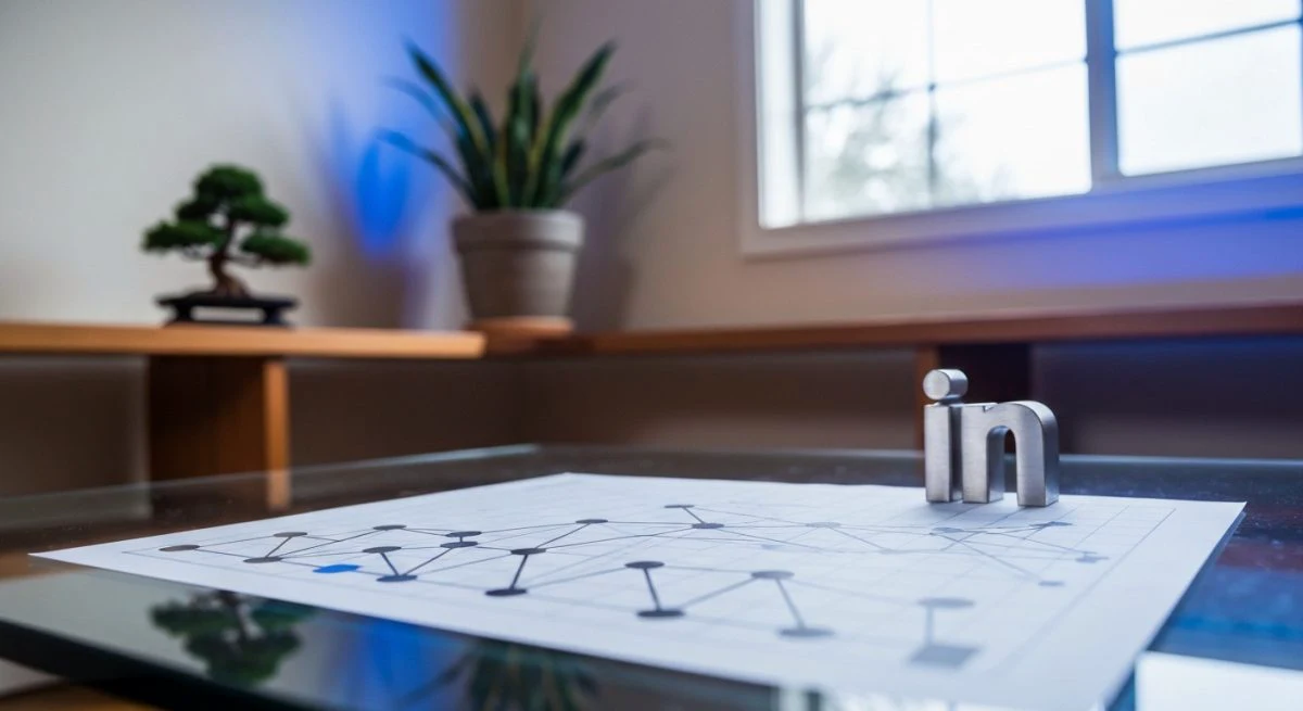 Mesa de cristal muestra grafo LinkedIn y escultura logo azul
