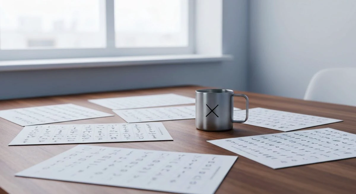 Mesa de diseñador con muestras tipográficas y taza logo X