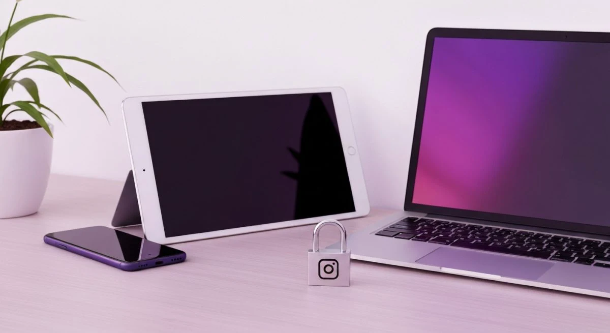 Mesa de oficina minimalista con tres dispositivos y candado Instagram