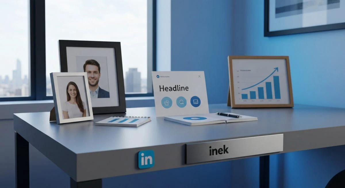 Mesa minimalista con logo de LinkedIn grabado en placa metal