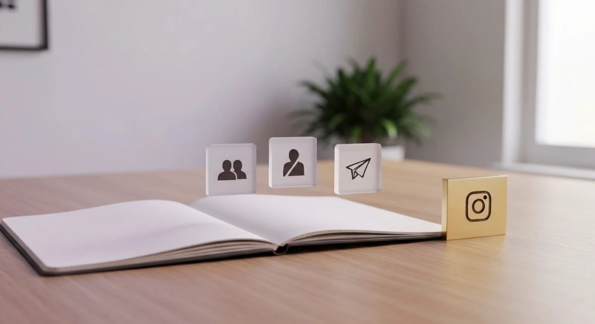 Mesa minimalista con tres azulejos acrílicos flotantes y logo Instagram