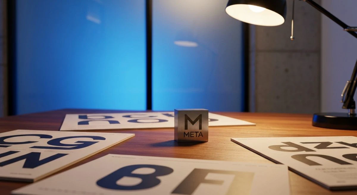 Mesa tipografía con tres tableros de tipografías y logo Meta