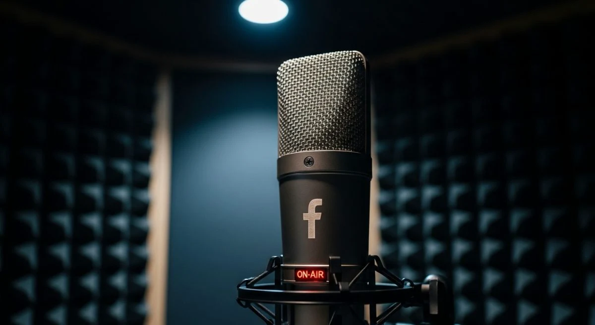 Micrófono de estudio profesional con logo de Facebook grabado al microscopio