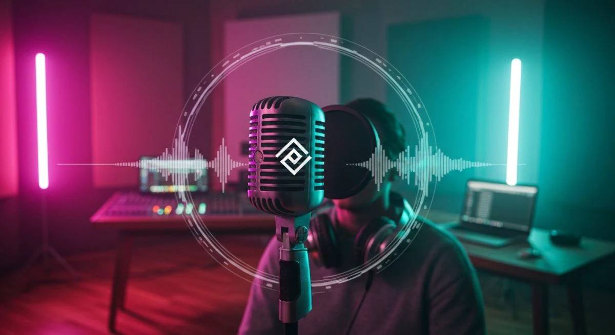 Micrófono vintage con logo grabado rodeado de auriculares TikTok remix