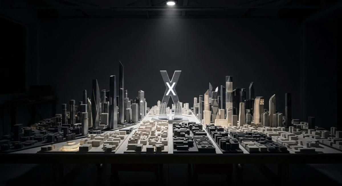 Modelo arquitectónico detallado de una ciudad futurista con torre X