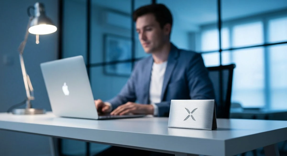 Moderador de redes sociales en escritorio minimalista con logo X