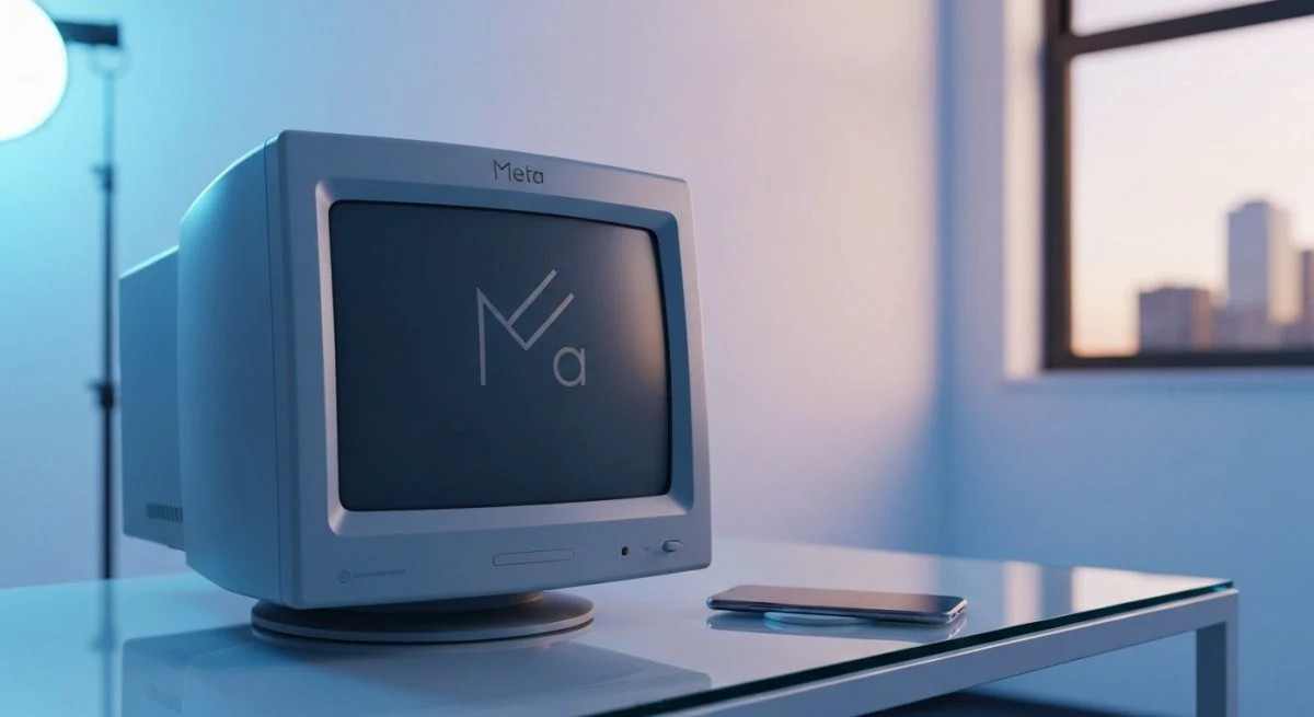 Monitor CRT vintage con logo Meta en marco cromado smartphone