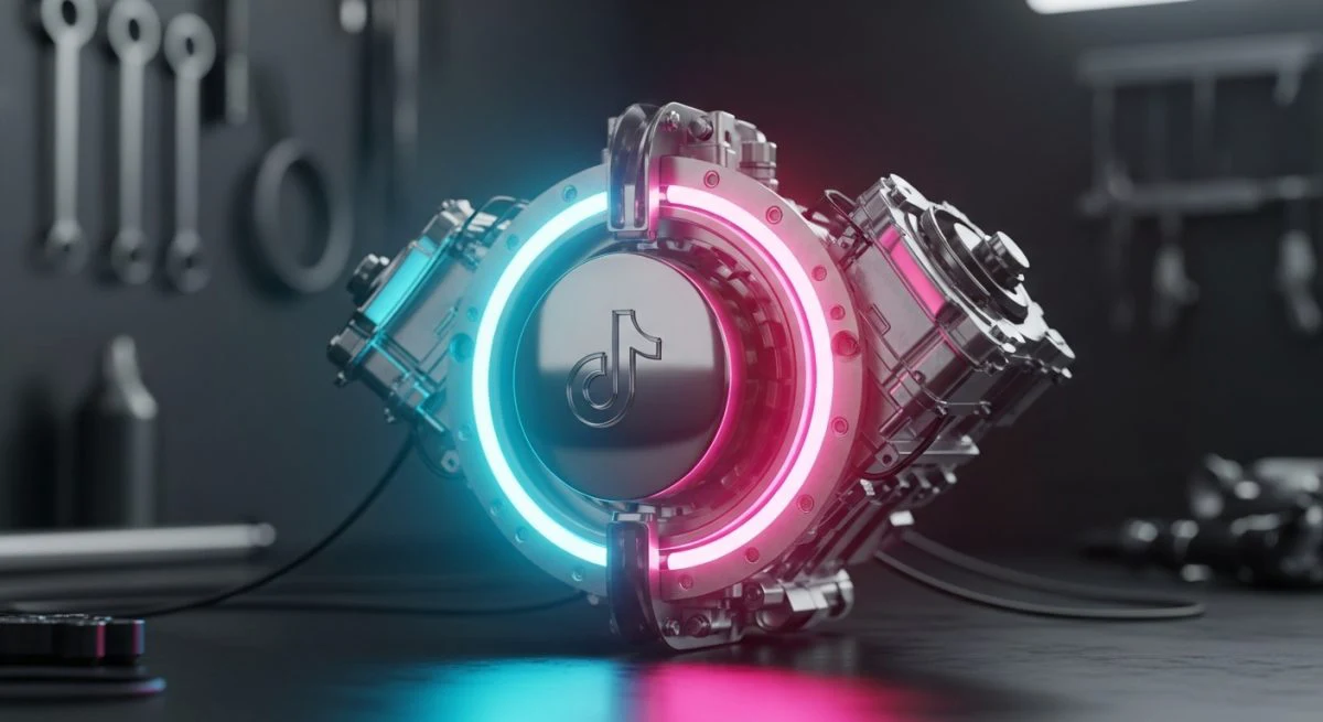 Motor conceptual con luces de neón cian y magenta y logo de TikTok