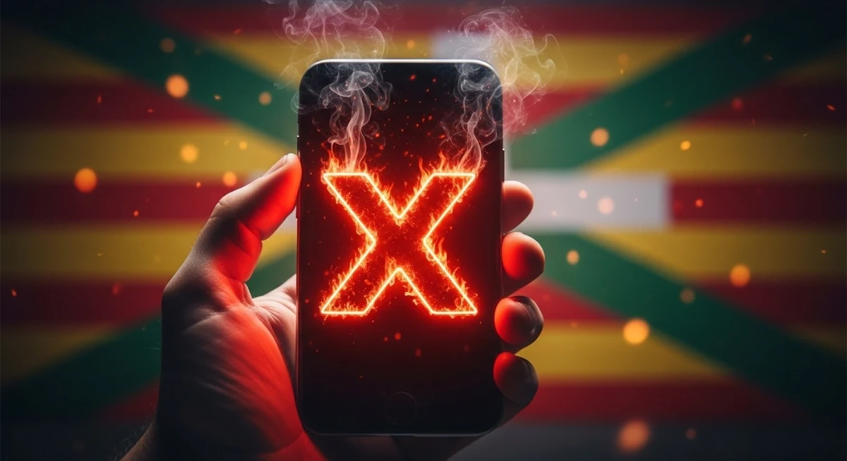 movil con x al rojo vivo con banderas de catalunia y pais vasco de fondo
