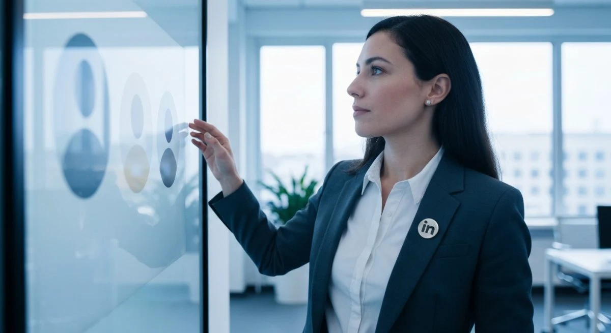 Mujer profesional ajusta pizarra de vidrio con logo LinkedIn visible