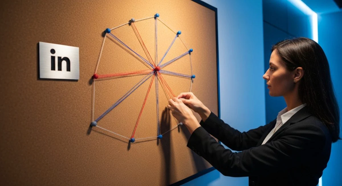 Mujer profesional frente a diagrama de red en corcho LinkedIn