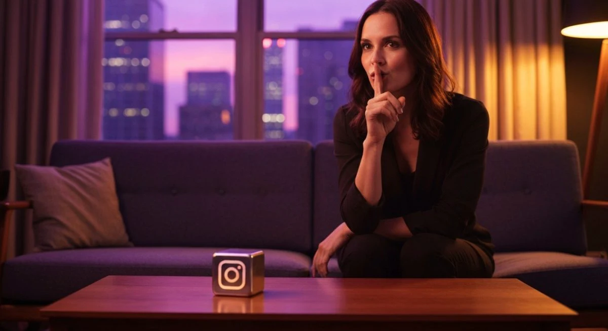 Mujer sentada en sofá moderno hace silencio con el logo Instagram
